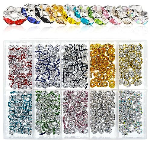 600 Stück Glasperlen Strass Rondelle Zwischenperlen, 7mm Metall Spacer Perlen zum Auffädeln, Metallperlen Kristall Loose Round Quetschperlen Beads für Armbänder Ohrringe Halskette Schmuckherstellung