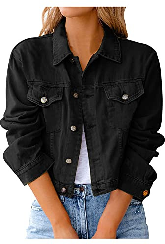 L9WEI Chaqueta vaquera para mujer, chaqueta vaquera con solapa, manga larga, monocolor, corto, vaquero, abrigo con bolsillos, chaquetas ligeras para otoño, ropa de calle a la moda