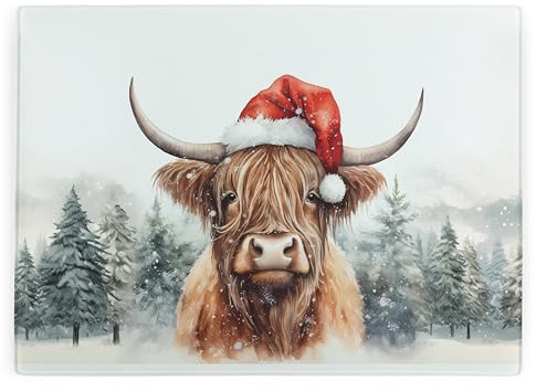 Christmas Highland Cow Glass Chopping Board - Festive Xmas Rectangular Large Worktop Protector - Smooth Board Kitchen Cutting Board Worktop Saver with Non-Slip Feet 39cm x 28.5cm (15 x 11)