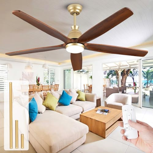 MSHENUED 132cm-Deckenventilator mit Lichtern, Flügel aus massivem Holz, moderner goldener Deckenventilator, feuchtigkeitsgeschützter Deckenventilator für Terrassen, leiser DC-Motor, Gold + Walnuss
