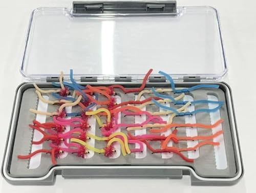 Barbless Squirmy worm trout flies, 36 per boxed set, size 10, mixed colour, good still water flies