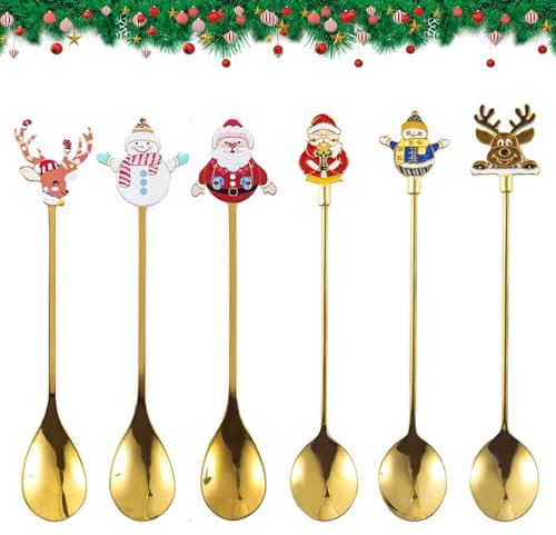 6 Pcs Christmas Coffee Spoons,Gold Stainless Steel Christmas Tea Spoons Santa elk Snowman Christmas Spoons for Coffee Dessert Party Table Decorations