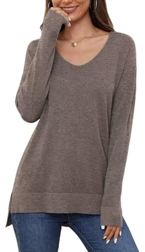 YGJIEGENG Maglia Donna a Maniche Lunghe Maglione v A Maniche Lunghe Leggera con vestibilità Classica Donna Elegante Dolcevita Autuno Oversize Lunga Maglia Basic Pullover Sweater Giallo-Marrone L