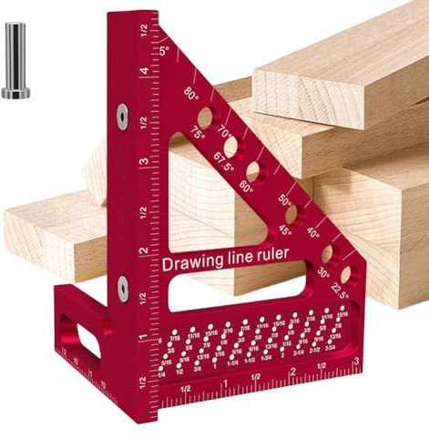 Woodworking Square Protractor, Aluminum Alloy Miter Triangular Ruler, 3D Multi Angle Measuring Ruler, Precision Woodworking Tool, 22.5-90 Degree Square Protractor with Angle Position Pin (Red-A)
