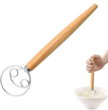 Pamtns Fouet à Pâte Danoise en Acier Inoxydable à Double Yeux Mélangeur de Pâte à Pain Danish Dough Whisk Fouet à Oeufs avec Poignée en Bois Fouet danois Dough Mixer Outil d'Agitation Pâte Cuisine