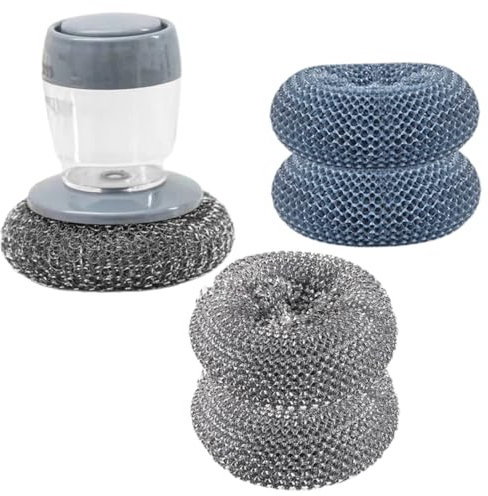 WATIIFUFU Dishwashing Scrubber Set with Liquid Dispensing Pressure Brush, Steel Wire and Pet Balls, Kitchen Sink Cleaning Brush for Pots and Pans, Household Cleaning Supplies