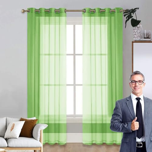 LIUNADM Gardine Halbtransparent mit Ösen 150 x 210 cm Polyester, mit Ösen Transparent Himmelbett Vorhänge Baby Querbehang für Wohnzimmer Landhaus Kleine Fenster, Grün