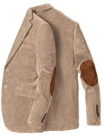 Men's Casual Blazer Jacket with Elbow Patch Corduroy Winter Thick Sport Coat Notched Lapel Business Dusty Champagne S