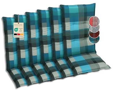 GO-DE Textil Bequeme und attraktive Polsterauflagen für Hochlehner-Gartenstühle (6er-Set, Karo Petrol, Hochlehner)