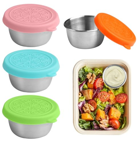 4 Stück Salatdressing Behälter, 70ml Dressing Behälter mit Silikondeckel, Auslaufsichere Bento Box Zubehör, Edelstahl Salatdressing Behälters, Saucenbehälter für Dips, Gewürze, Sauce, Marmelade