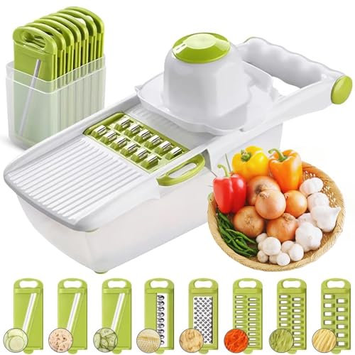 Mandoline Vegetable Slicer, Multifunctional Vegetable Cutter, All in One Mandoline Food Slicer, Adjustable Stainless Steel Blades Vegetables Chopper for Potato, Cucumber, Salad with Safety Gloves