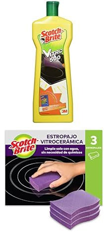 Scotch-Brite Estropajo Cocina para vitrocerámica, paquete de 3 unidades + Scotch-Brite VITRO Limpiador eficaz de Vitrocerámica, También para Placas de Inducción, 0.5 L
