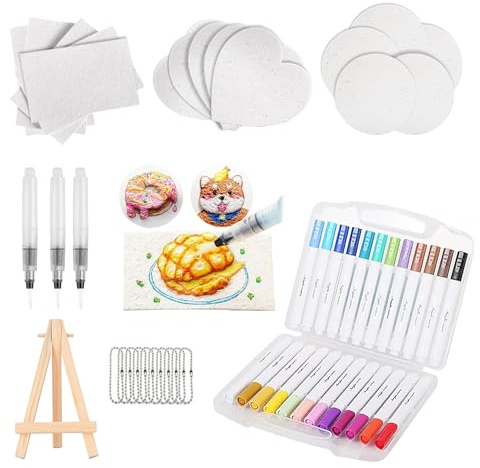 nnOuOnn Magic Puffy Paint, 41Pcs Magic Foam Texture Painting Kit, 3D Drawing Set DIY Art Supplies for Handmade with 15 Canvas Sponge, 12 Colored Pens, 3 Water Pens, 10 Bead Chain and 1 Mini Easel