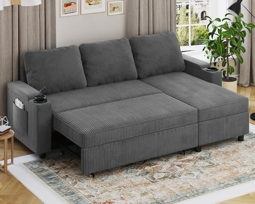 Devoko Canapé d'angle Convertible Modulaire 3 Places en L - Canapé-Lit avec Chaise Longue, Rangement Intégré et Porte-Gobelets - Design Moderne pour Salon, Anthracite (Gris)
