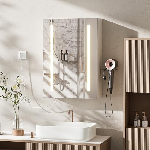 Ztexkee Spiegelschrank Bad mit Beleuchtung und Entnebelungs Funktion Hängend Badezimmer spiegelschrank mit Steckdosen und 2 Einstellbar Einlegeböden für Badezimmer,50x15x70 cm