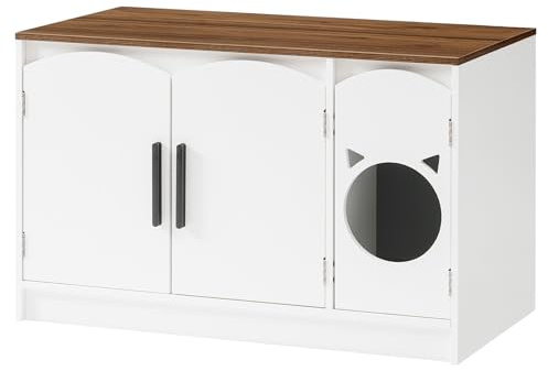 HOOBRO Katzenklo Schrank, Verstecktes Katzenklo, Katzenschrank, Moderner Katzenkloschrank aus Holzwerkstoff mit 2 Türen, Katzentoilette, Katzenmöbel, katzenkopfförmig, Weiß und Walnuss EWH51MW01