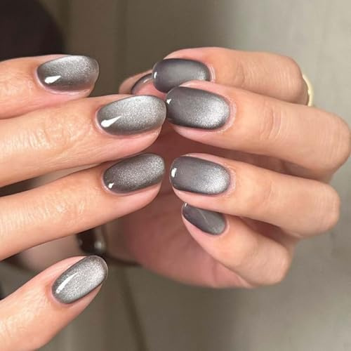 Clawrex Cat Eye Press on Nails Kurz, 24 Stück Grau Rund Nägel zum Aufkleben Katzenaugen, Full Cover Fingernägel Mit Nagelkleber, Glänz Soft Gel Fake Nails für Frauen, Künstliche Nagel Nail Art