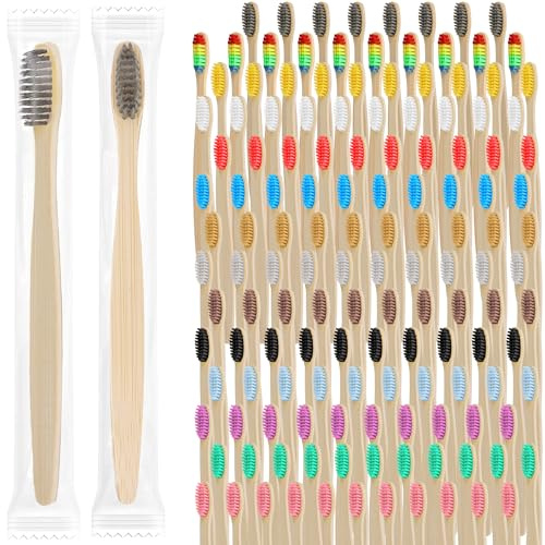 Medanera 140 Pcs Bamboo Toothbrushes Wooden Individually Wrapped Colorful Toothbrushes Bulk for Adults Hotels Inns Home Use Travel Business Trips, 14 Colors