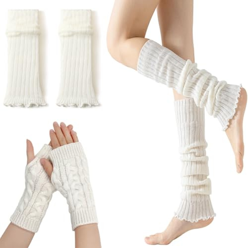 VEOIRXU 1 Paar Stulpen Damen + 1 Paar Handstulpen Damen Stulpen Weicher Strick Handschuhe Ohne Finger Flexibel Leg Warmers für Damen Knöchelwärmer für Yoga Ballett Cosplay (Weiß)