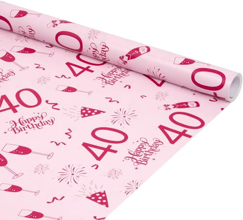 6 m x 43 cm Geschenkpapierrolle zum 40. Geburtstag, rosa Geschenkpapier für Geburtstagsgeschenke