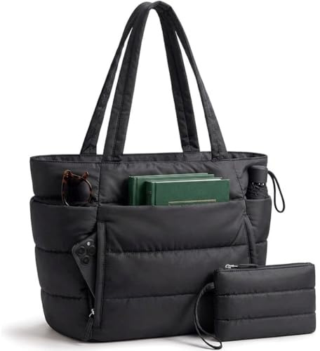 WENXIN Damen Shopper Tasche Leicht Handtasche, 20L Große Gesteppte Puffer Tote Bag mit Vielen Fächern & Reißverschluss, 15,6 Zoll Laptopfach Arbeitstasche Schultasche für Büro Uni Reisen (Schwarz)