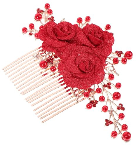 VICASKY Eleganter aus Legierung und Gewebe mit Blumenmuster Hautfreundlich Stabiler Haarschmuck und Perlen Roter Haarkamm und Modisch für Hochzeiten und Partys