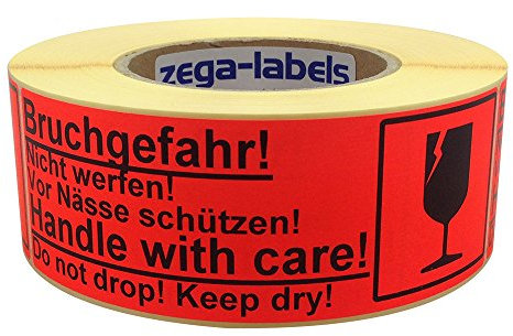 zega-labels Warnetiketten auf Rolle - Bruchgefahr - Handle with care - 500 Stück je Rolle - 150 x 50 mm - Leuchtrot Haftpapier stark haftend - Versandaufkleber - Paketaufkleber