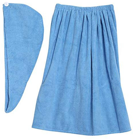 150 * 90cm Saunakilt für Damen, Schiesser Damen Saunakilt, Kuschelweicher Sarong Kilt mit Klett und Spa Hair Handtuch Wrap aus Bio Baumwolle (Blau)
