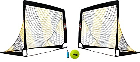 POWERSHOT Fußballtor Pop up - 2 Größen und 3 Farben zur Auswahl - 2er Set - faltbares Garten Fußballtor für Kinder (Schwarz/Gelb, 180 x 120cm) - Neu: Mit einem kleinen Ballon und Einer kleinen Pumpe!