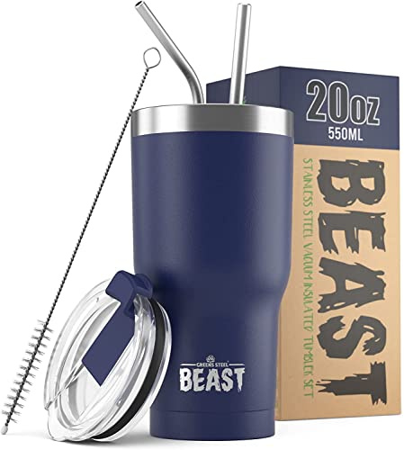 Beast Tumbler - 550 ml (20 oz), Royal Blue | Reusable Stainless Steel, Vacuum Insulated Cup | with + 2 Straws & Cleaning Brush | Double Wall Travel Flask Perfect for Hot or Iced Coffee | BPA Free