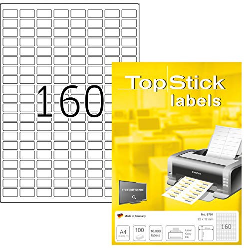 TopStick 8791 universella etiketter A4 mini (22 x 12 mm, 100 ark, papper, matt) självhäftande, utskrivbara, permanenta adressetiketter, 16 000 klistermärken, vit