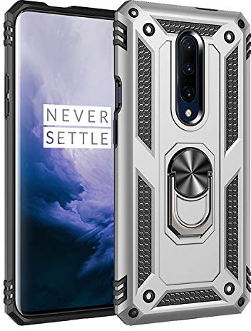 BestST Funda para Oneplus 7 Pro,HD Protector de Pantalla,Elegante Armadura híbrida Robusta Funda de Doble Capa de Alta Resistencia para PC Duro Caso con Anillo Grip Kickstand,Plata