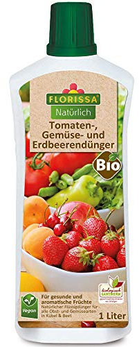 Florissa Natürlich Bio Tomaten-, Gemüse- und Erdbeerendünger für alle Gemüsearten und Erdbeeren | für aromatische Früchte | vegan, aus rein pflanzlichen Rohstoffen 1L