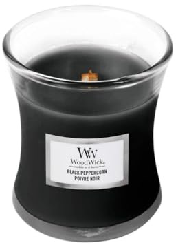 Woodwick: Mini Jar Black Peppercorn, mini clessidra in vetro con stoppino in legno da schiacciare, fragranza: Black Peppercorn