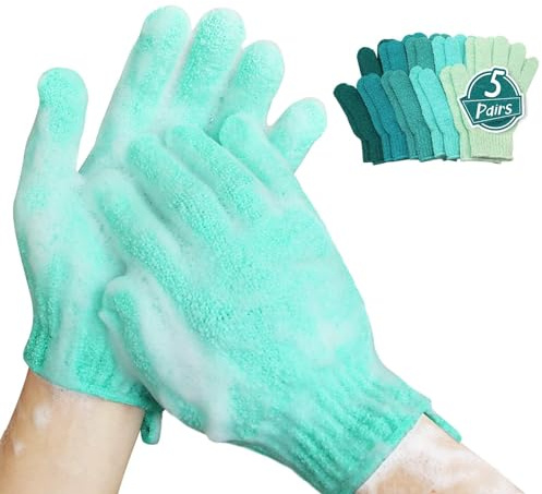 MIG4U Shower Exfoliating Scrub Gloves Medium to Heavy Bathing Gloves Body Wash Dead Skin Removal Deep Cleansing Sponge Loofah for Women and Men 5 Pairs 5 Colors