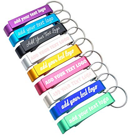 100 apribottiglie portachiavi personalizzati in alluminio apribottiglie per birra inciso qualsiasi testo/logo bomboniere, birreria, bar, anniversari, feste, agenti immobiliari, ospiti, laurea, Natale