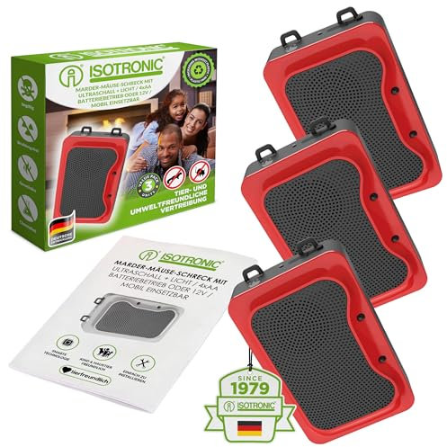 ISOTRONIC Clignotant Anti-martres avec Fonction lumière/LED et ultrasons pour la Maison, Le Garage et Le Grenier – Nouveau : Interrupteur capteur – efface Les Souris, Les Rats