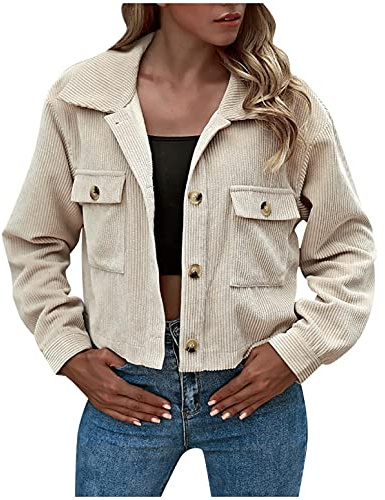 Sigoyi Veste en velours côtelé pour femme Couleur unie, beige, L
