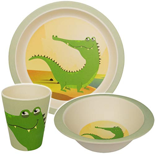 alles-meine.de GmbH 3 TLG. Set - Kunststoff - Geschirrset - Krokodil/Zoo Tiere - BPA frei - Kunststoffgeschirr - Trinktasse + Teller + Müslischale - Spülmaschinenfest - Kinderg..
