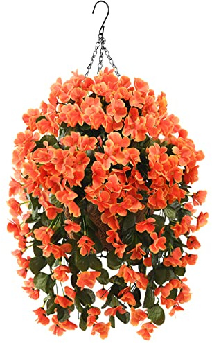 INQCMY Künstliche Hängeblumen im Korb für Herbst und Außenbereich, Kunstseide, orangefarbene Begonie im Übertopf, UV-beständig, realistisch, für Zuhause, Veranda, Garten, Terrasse, Hof, Dekoration