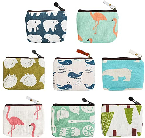 Dadabig 8 PCS Monedero de Lona Dibujos Animados, Mini Bolso de Monedas Cremallera Dibujo Bolsa de Lona Monedero Pequeño para Tarjetas,Llaves, Dinero, Auriculares y Lápiz de Labios, 8 Estilos