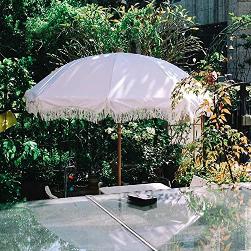 JJ Home Parasol de Plage de Luxe avec Frange, Parasol de Jardin Blanc avec mécanisme d'inclinaison, Parapluie d'extérieur pour décoration de Mariage/terrasse/pelouse