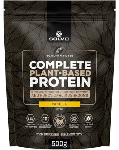 SOLVE Labs® - Vegan Protein with 4 Functional Mushrooms (Lion's Mane, Reishi, Cordyceps, Chaga) ● 5 Digestive Enzymes: DigeZyme® ● 500g | 128 kcal & 23g of Protein Per Serving ● Vanilla Flavor