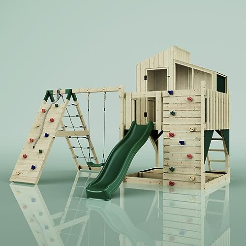 Rebo Spielturm mit Spielhaus inkl. Wellenrutsche, Kinder-Schaukel und Baby-Schaukel | Outdoor Klettergerüst Garten | Kletterwand und Kletterleiter | Stabile Konstruktion