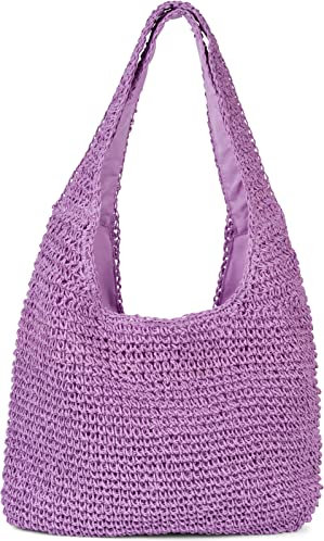 styleBREAKER Damen Papierstroh Beuteltasche mit langen Henkeln | sommerliche Flechttasche mit Reißverschluss | Strandtasche Schultertasche, Farbe:Lavendel