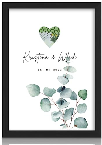 MilaBoo® Personalisierbar Geldgeschenk für Hochzeiten -Eukalyptus mit ausgestanzten Herzen mit Rahmen auf Hahnemühlen Papier Made in Germany A3 A4 A5 - Poster im braunen Umschlag