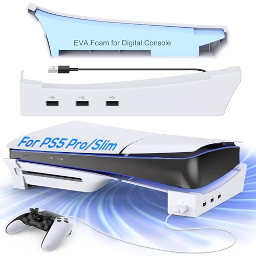 MENEEA Horizontaler Stand für PS5 Pro Slim Konsole mit 4-Port USB Hub, Standfuß Zubehör für 2023 Playstation 5 Slim Disc & Digital Edition, Halter mit 4 USB 2.0 Data Port & Ladeanschluss Erweiterung