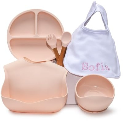 Regalo Ecológico Personalizado para Bebé | Set de Regalos para Niño/Niña | Vajilla de Silicona + Accesorios Personalizados (Rosa | Vajilla + Babero) | BebeDeParis