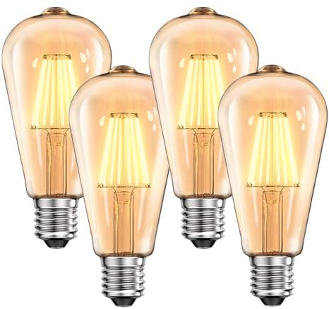 WEDNA E27 LED Vintage Glühbirne, 8W Dimmbar ST64 LED Lampe, Retro Antike Birne, 2700K Warmweiß, 900lm, Bernstein Glas, Dekorative Edison Leuchtmittel und Retro Beleuchtung - 4er Pack