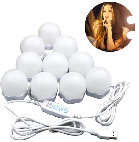 LED Spiegelleuchte 10 LED Birnes mit 3 Farbe Adapter, 3 Farbwechsel & 10 Helligkeit, Spiegellampe USB mit Schalter und Kabel, Make up Licht Dimmbar für Schminktisch Kosmetikspiegel Bad